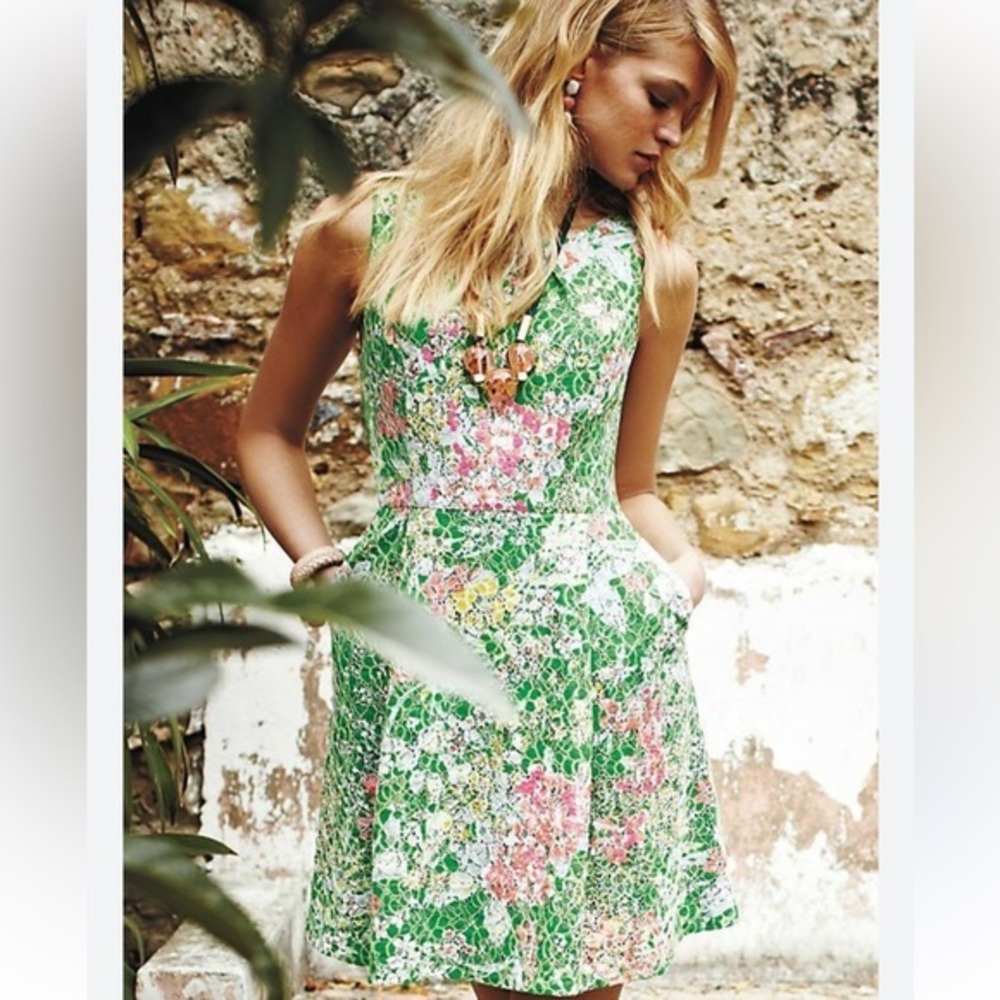 ANTHROPOLOGIE MAEVE Floral Green AND PINK SEQUIN VERBENA Dress (2)